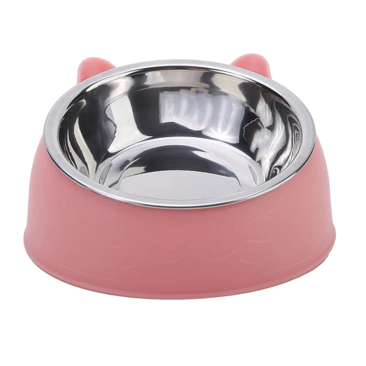Pink cat bowl with a stainless steel interior front view