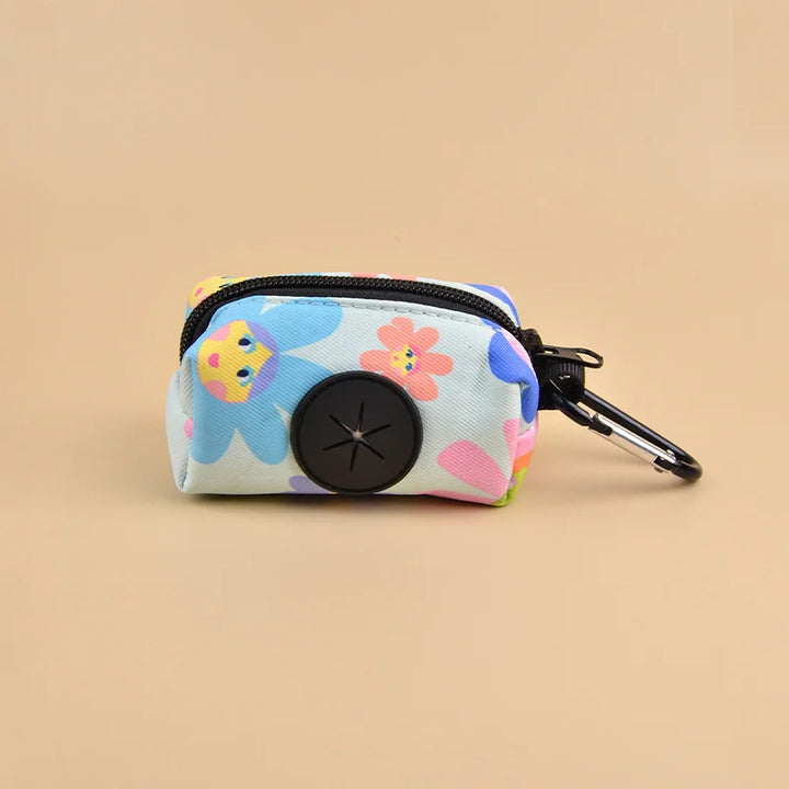 Small Dog Poop Bag Holder with colorful floral design on a beige background