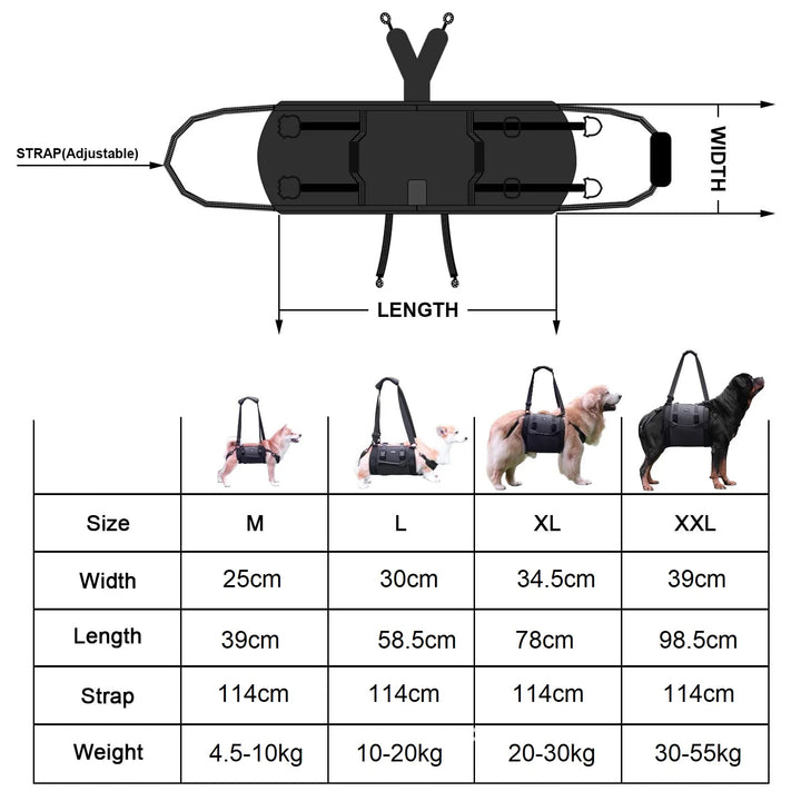  dog lifting harness size chart and measurements