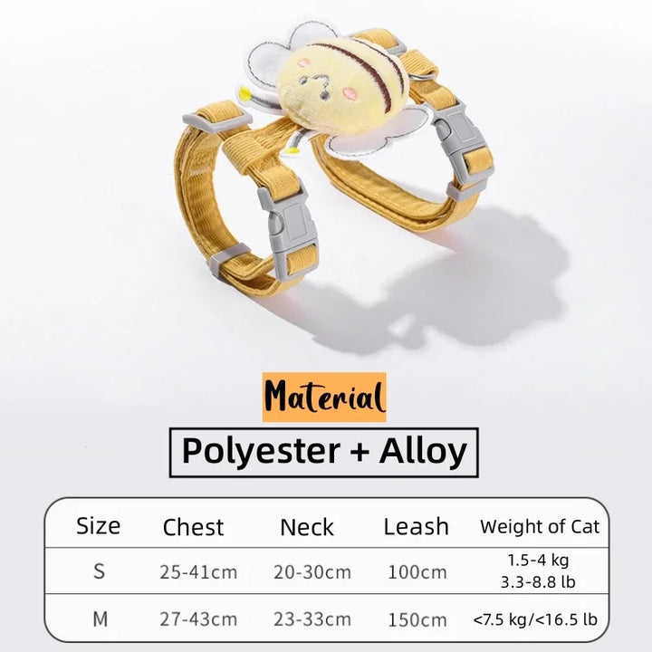 Cat harness and leash set with bee design and size chart