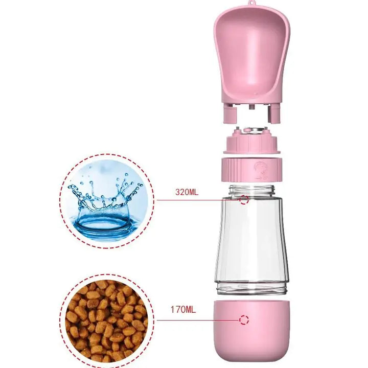 Pink pet water and food bottle with measurement details 