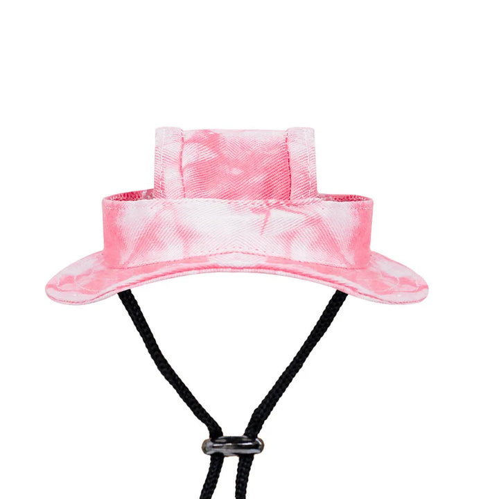 Pink and white tie-dye dog bucket hat with a black cord on a white background