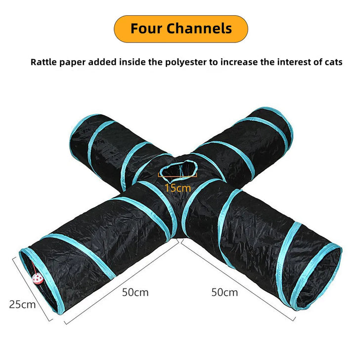 Black and blue cat tunnel toy with four channels and dimensions on a white background