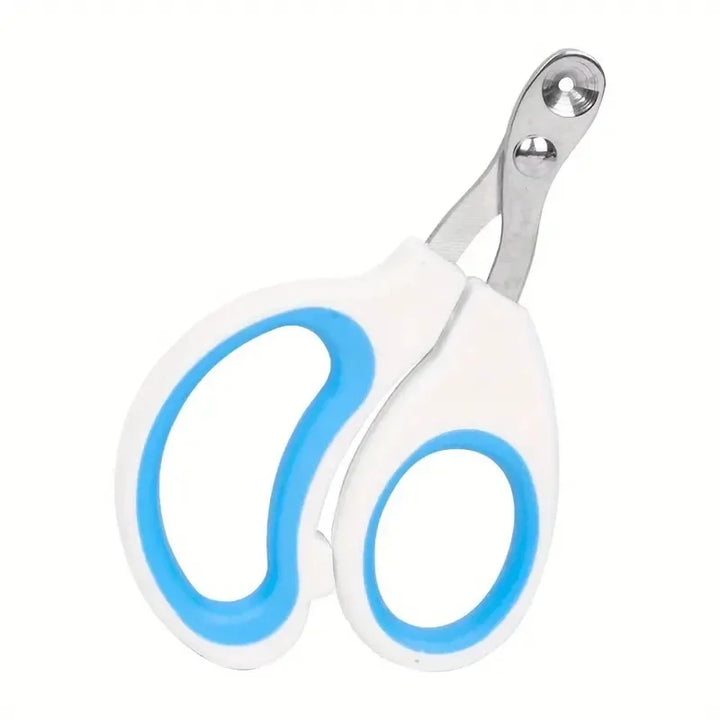 Pet nail clippers with white handles and blue accents on a white background