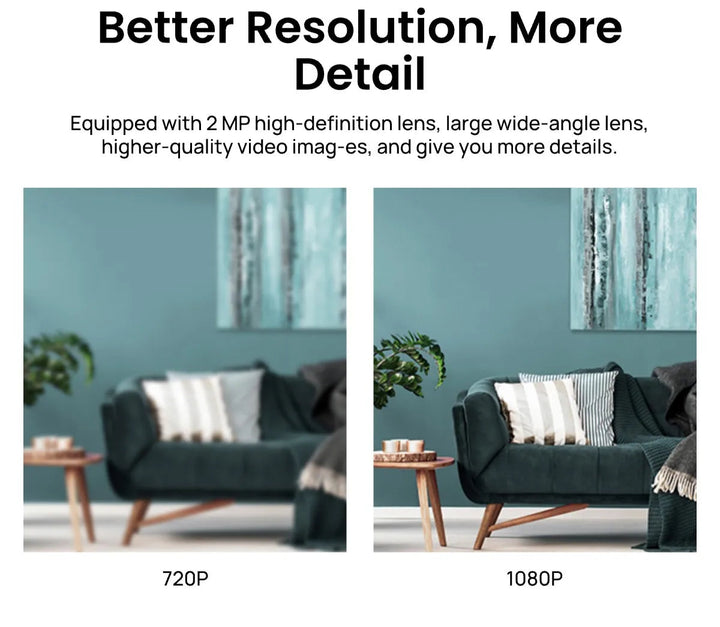 Comparison of video resolution on a Tuya device showing a living room with a sofa and decor.