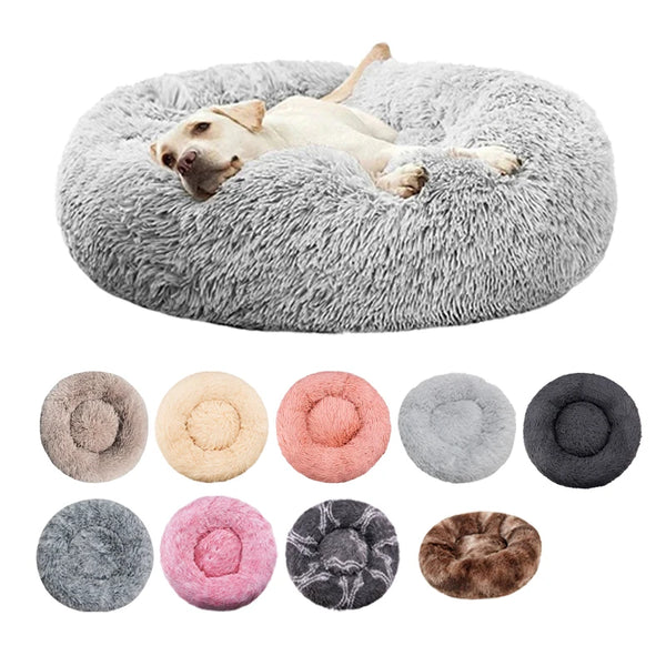 Round Dog Bed with a dog lying on it, surrounded by color swatches.
