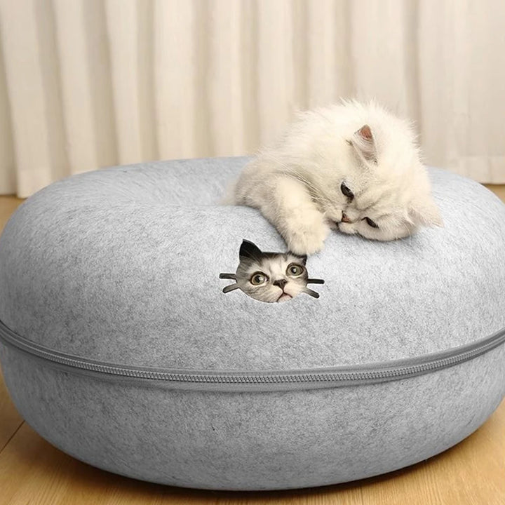 Gray cat-shaped tunnel bed with a kitten on top, and one inside