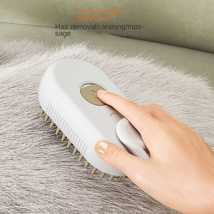 Hand using a dog grooming brush on a dog's fur with multiple uses.