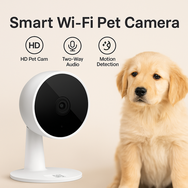 Smart Wi-Fi pet camera with a dog on a beige background