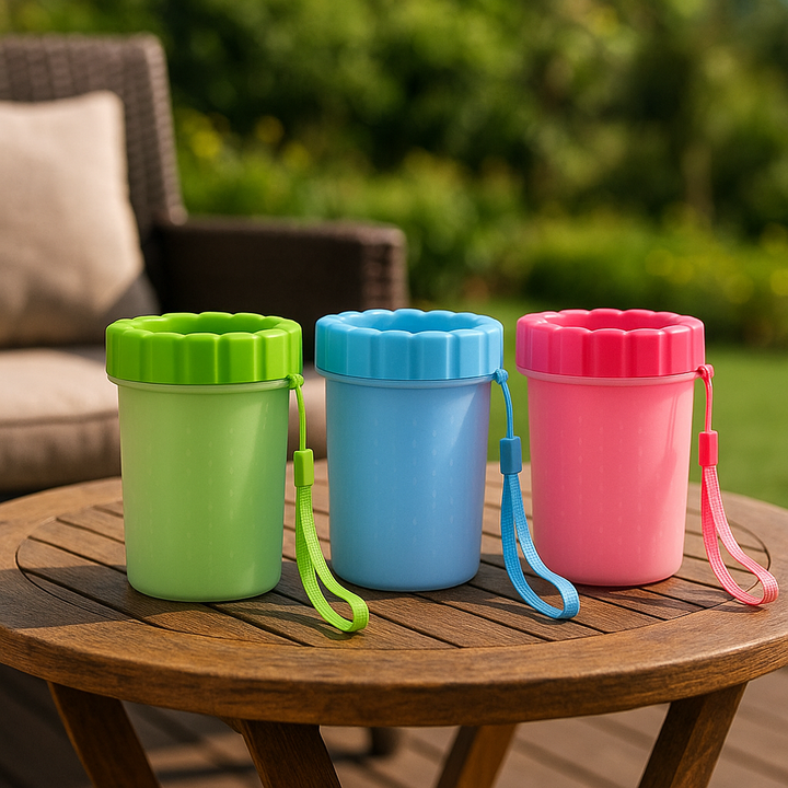 Dog paw cleaner in three colors green blue and pink