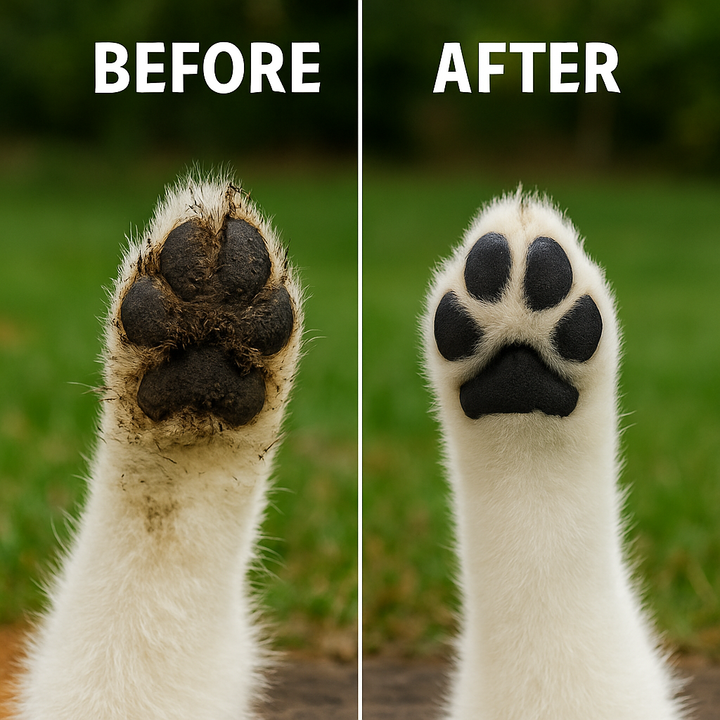 Before and after comparison of a dog's paw with using pet paw cleaner